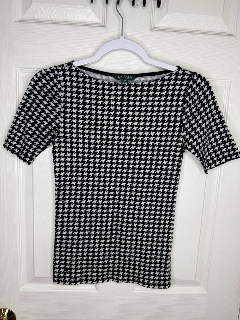 Lauren Ralph Lauren Houndstooth Top XS Black White 100% Cotton